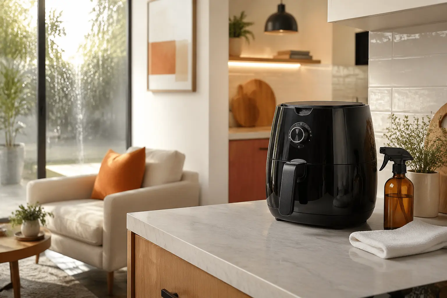 Air fryer, borrifador e pano em um ambiente doméstico limpo